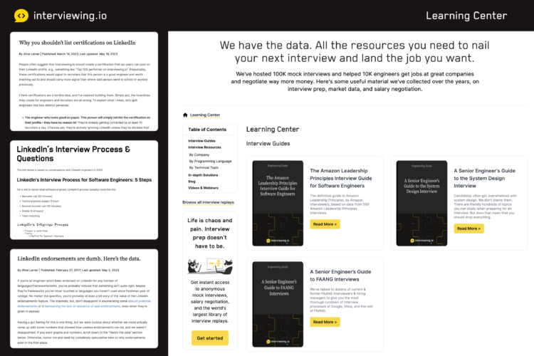 interviewing.io's resource hub, with LinkedIn-specific content called out